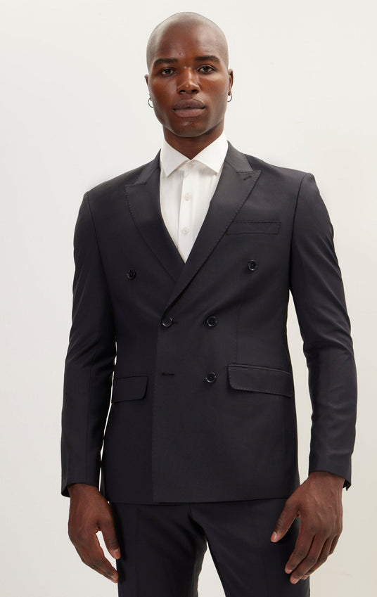 Super 120S Merino Wool Double Breasted Suit - Cobalt Black