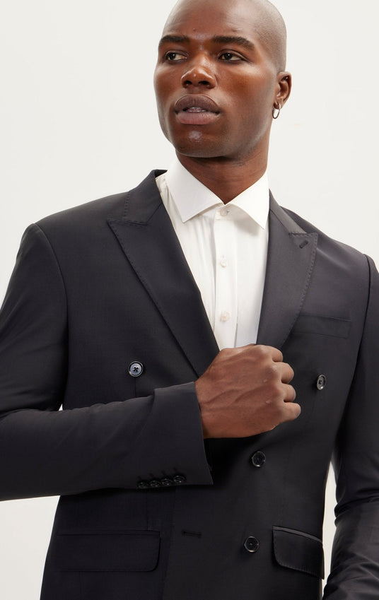 Super 120S Merino Wool Double Breasted Suit - Cobalt Black