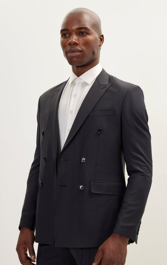 Super 120S Merino Wool Double Breasted Suit - Cobalt Black