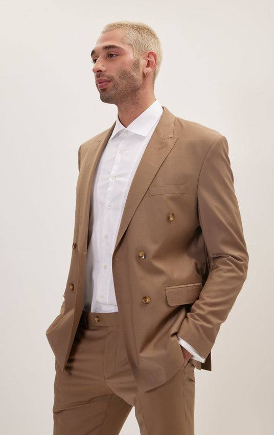 Super 120S Merino Wool Double Breasted Suit - Khaki