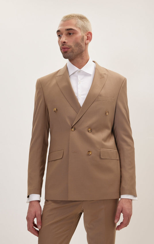 Super 120S Merino Wool Double Breasted Suit - Khaki