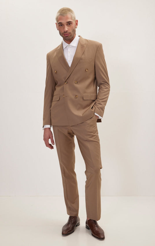Super 120S Merino Wool Double Breasted Suit - Khaki
