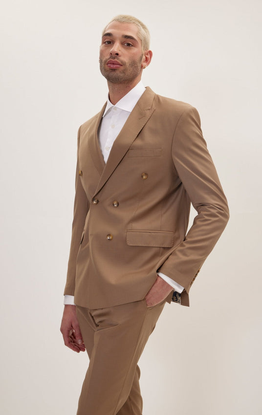 Super 120S Merino Wool Double Breasted Suit - Khaki