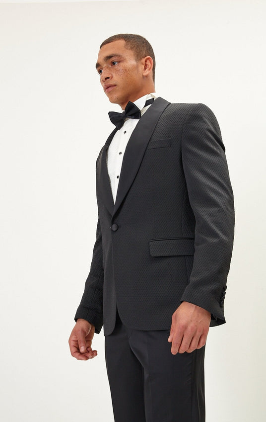 Swiss Dot Embroidery Shawl Lapel Tuxedo Jacket - Black