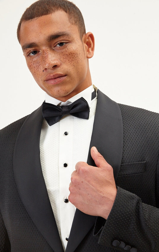 Swiss Dot Embroidery Shawl Lapel Tuxedo Jacket - Black