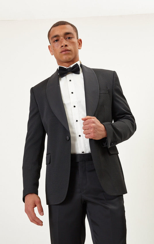 Swiss Dot Embroidery Shawl Lapel Tuxedo Jacket - Black