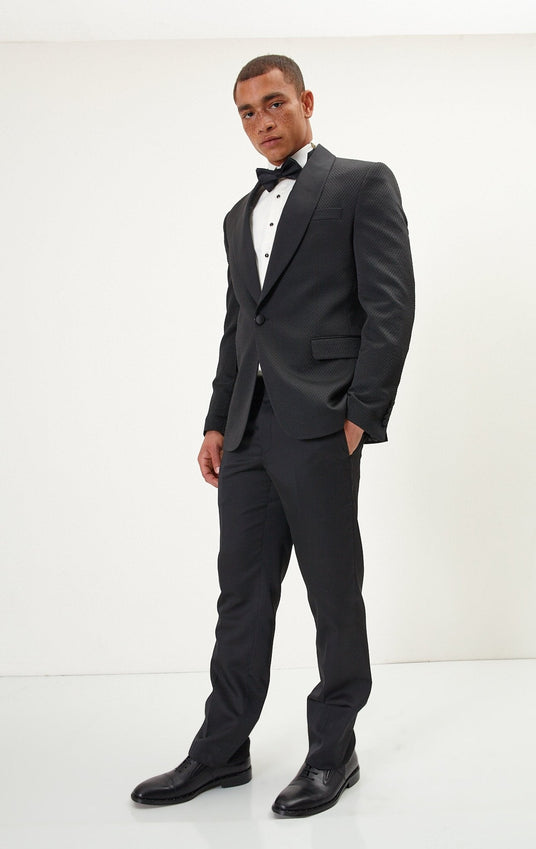 Swiss Dot Embroidery Shawl Lapel Tuxedo Jacket - Black