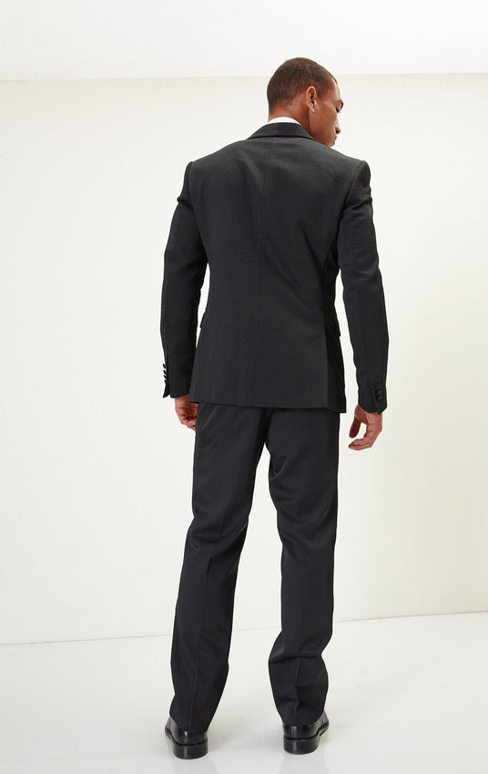 Swiss Dot Embroidery Shawl Lapel Tuxedo Jacket - Black