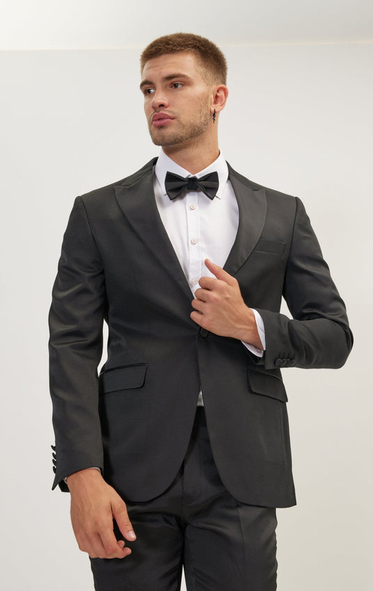 Textured Peak Lapel Tuxedo Jacket - Black
