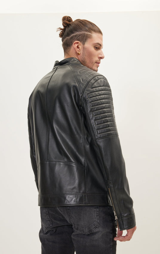 The Classic Band Collar Leather Jacket - Black
