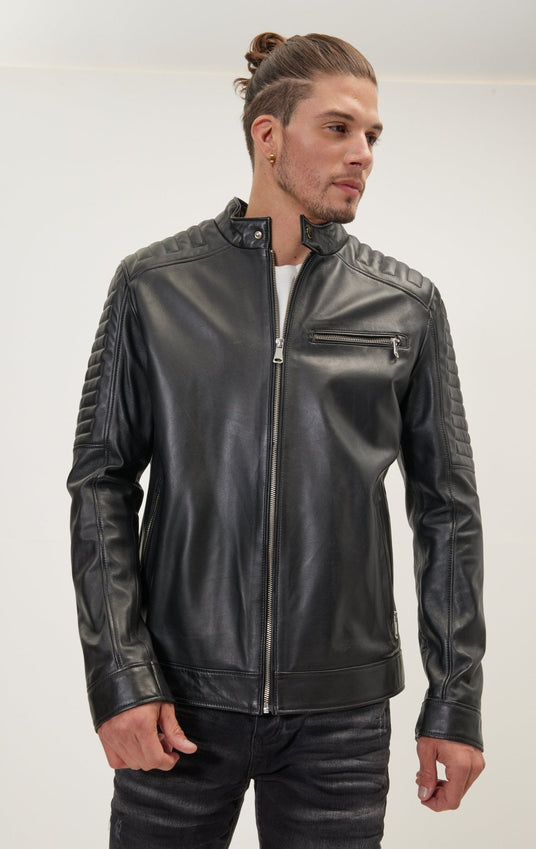 The Classic Band Collar Leather Jacket - Black