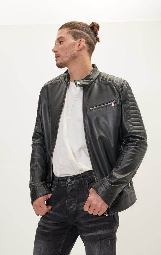 The Classic Band Collar Leather Jacket - Black