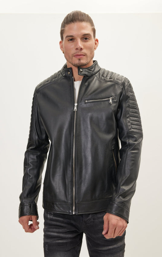 The Classic Band Collar Leather Jacket - Black