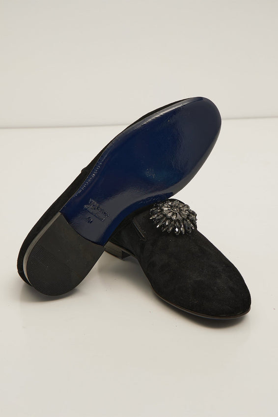 The Crystal Jewel Formal Leather Loafer - Black Suede
