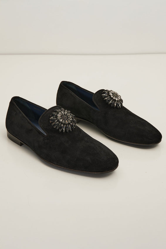 The Crystal Jewel Formal Leather Loafer - Black Suede