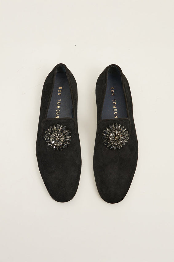 The Crystal Jewel Formal Leather Loafer - Black Suede