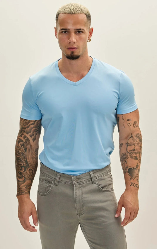 V-neck Fitted Sleeves T-shirt - Blue