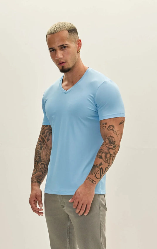 V-neck Fitted Sleeves T-shirt - Blue