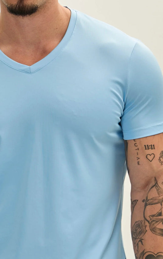 V-neck Fitted Sleeves T-shirt - Blue