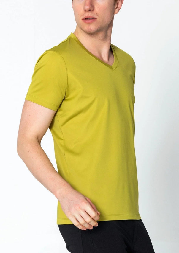 V-neck Fitted Sleeves T-shirt - Oil Green