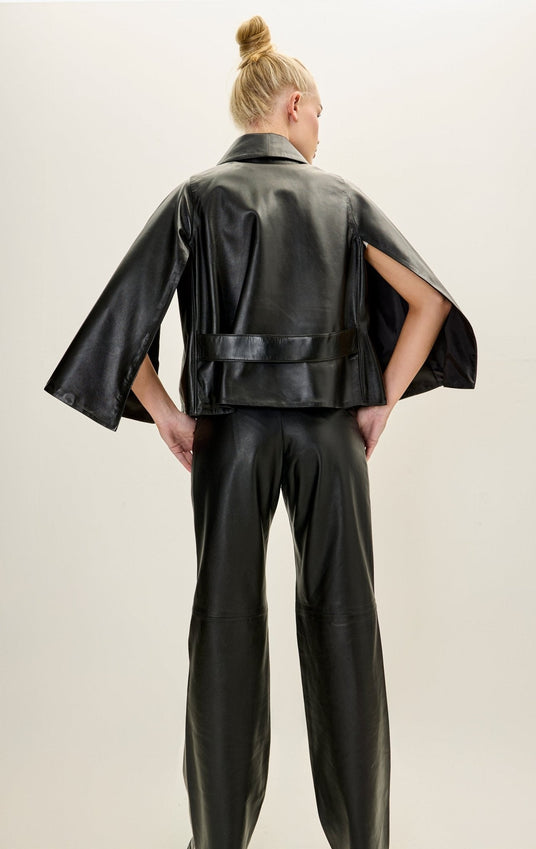 Lambskin Leather Double Cape Jacket - Black