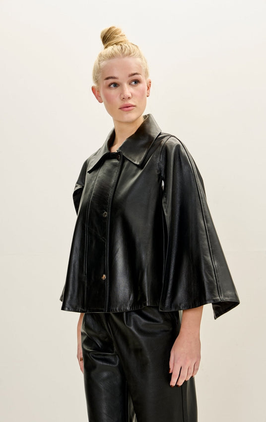 Lambskin Leather Double Cape Jacket - Black