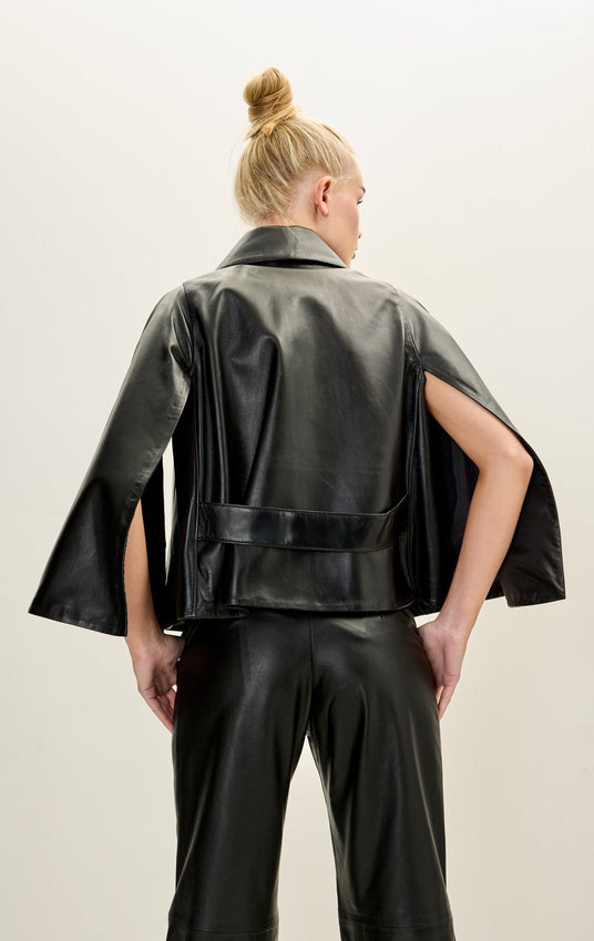 Lambskin Leather Double Cape Jacket - Black
