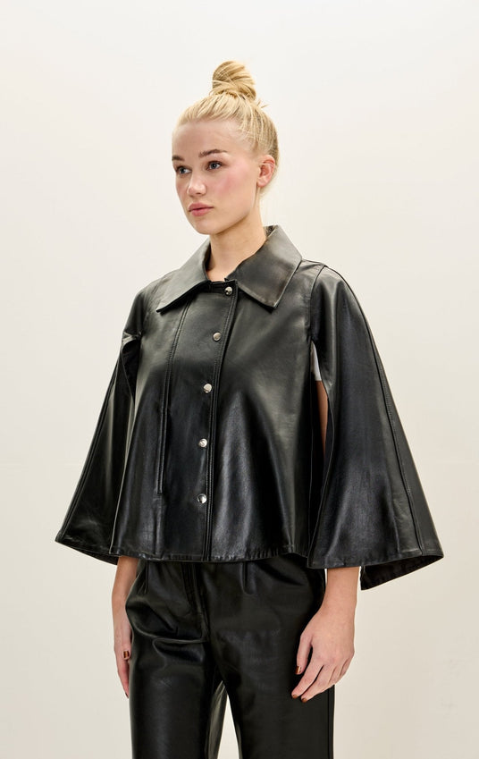 Lambskin Leather Double Cape Jacket - Black
