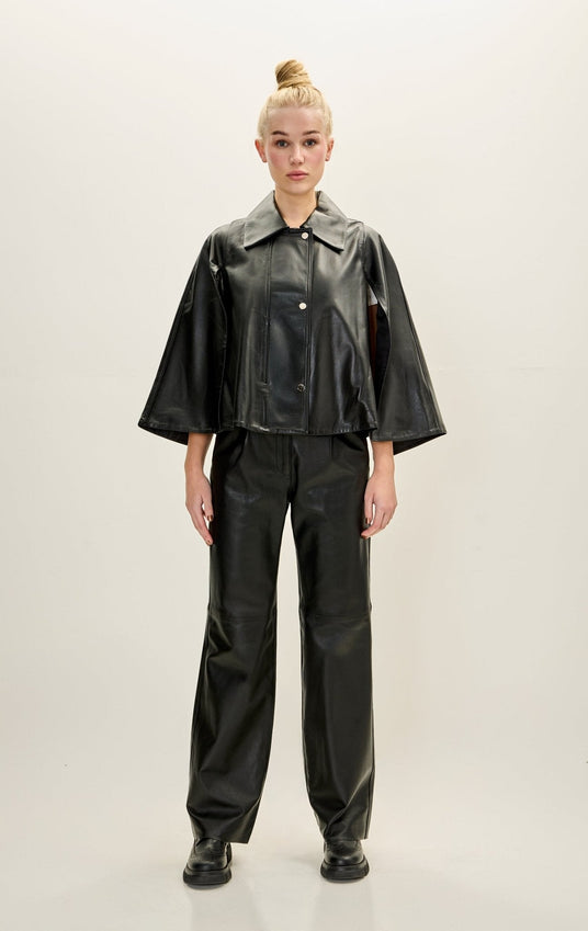 Lambskin Leather Double Cape Jacket - Black
