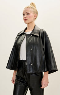 Lambskin Leather Double Cape Jacket - Black