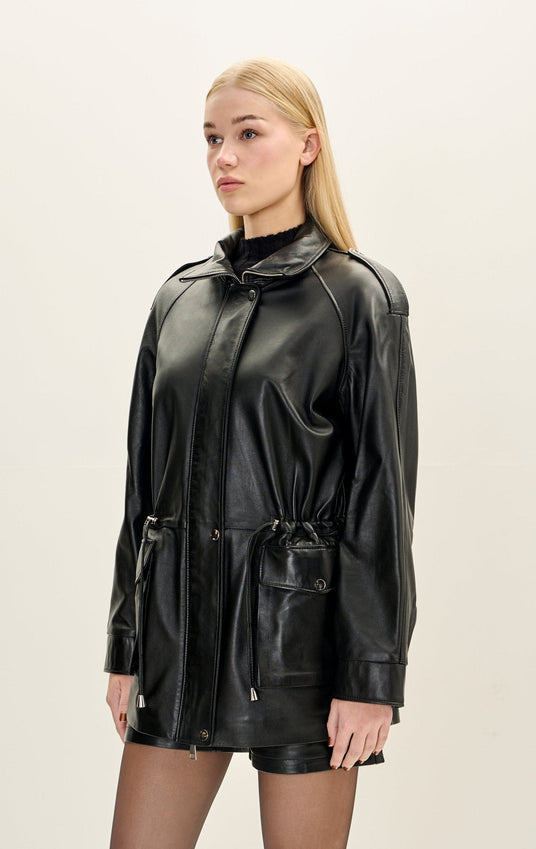 Lambskin Leather Safari Jacket - Black