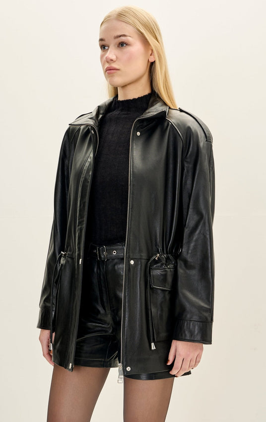 Lambskin Leather Safari Jacket - Black