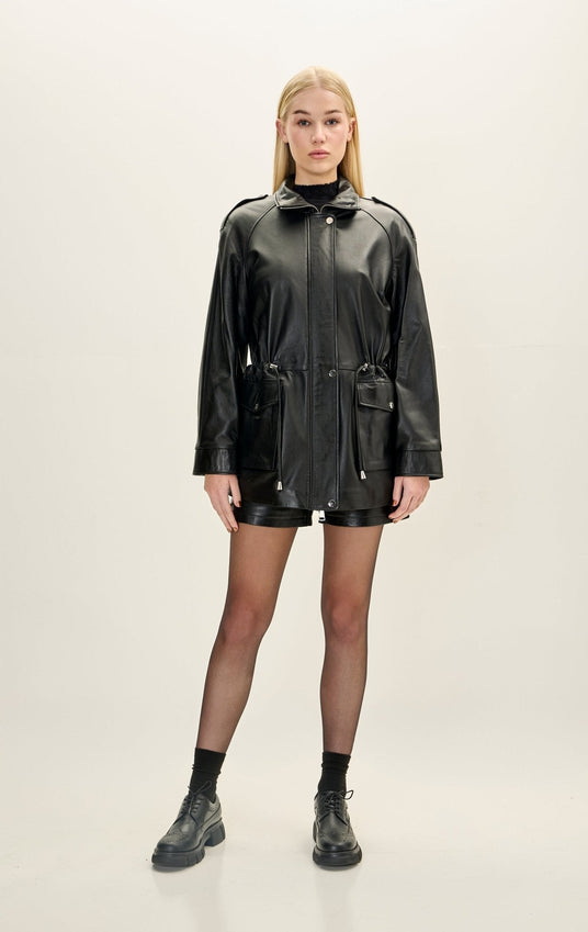 Lambskin Leather Safari Jacket - Black