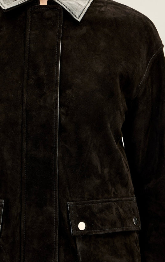 Lambskin Leather Suede Contrast Collar Jacket - Black