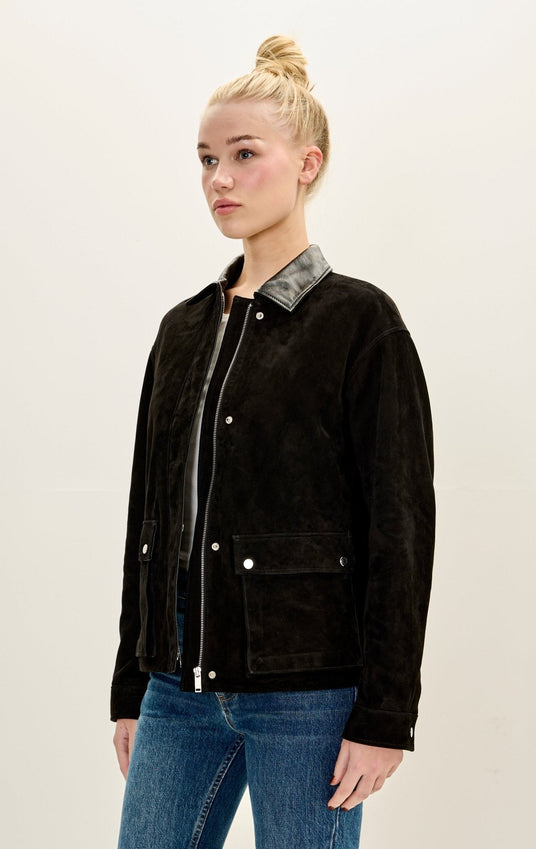 Lambskin Leather Suede Contrast Collar Jacket - Black