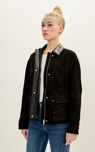 Lambskin Leather Suede Contrast Collar Jacket - Black