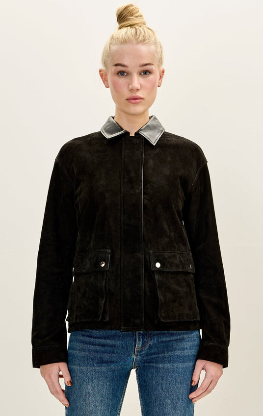Lambskin Leather Suede Contrast Collar Jacket - Black
