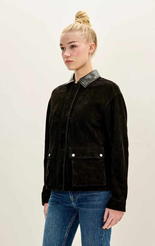Lambskin Leather Suede Contrast Collar Jacket - Black