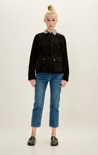 Lambskin Leather Suede Contrast Collar Jacket - Black