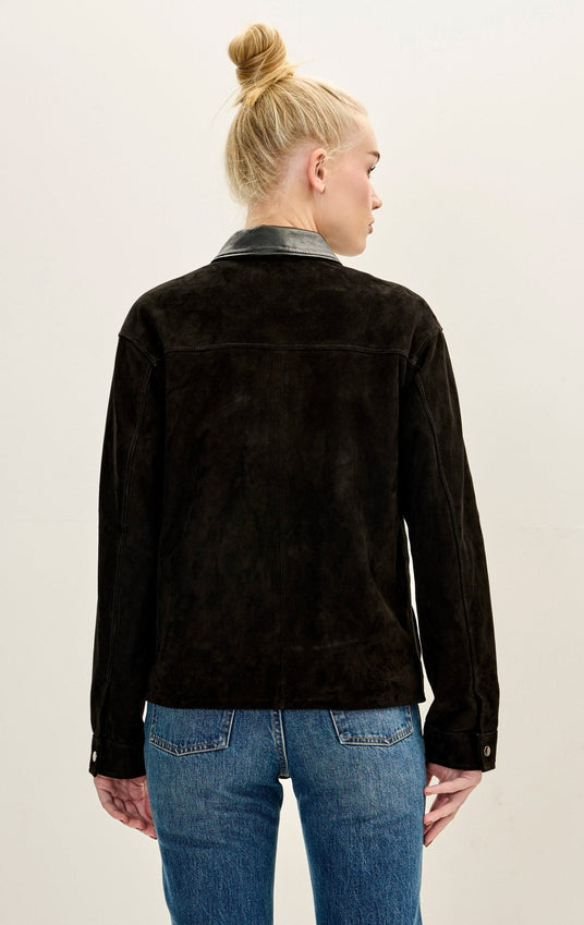 Lambskin Leather Suede Contrast Collar Jacket - Black