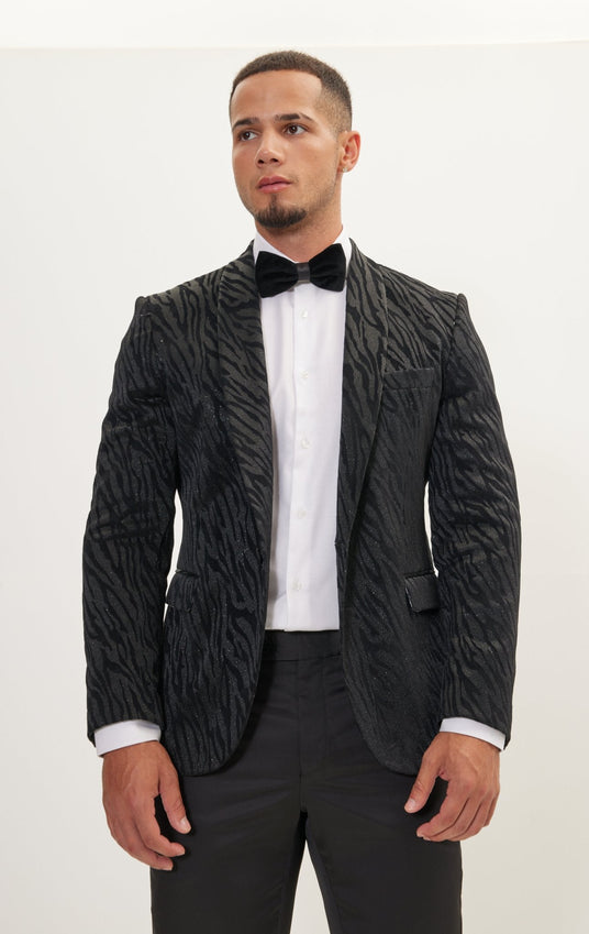 Zebra Velvet Flocking Glittered Tuxedo Jacket - Jet Black