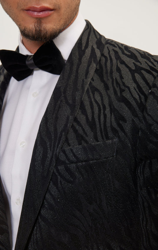 Zebra Velvet Flocking Glittered Tuxedo Jacket - Jet Black
