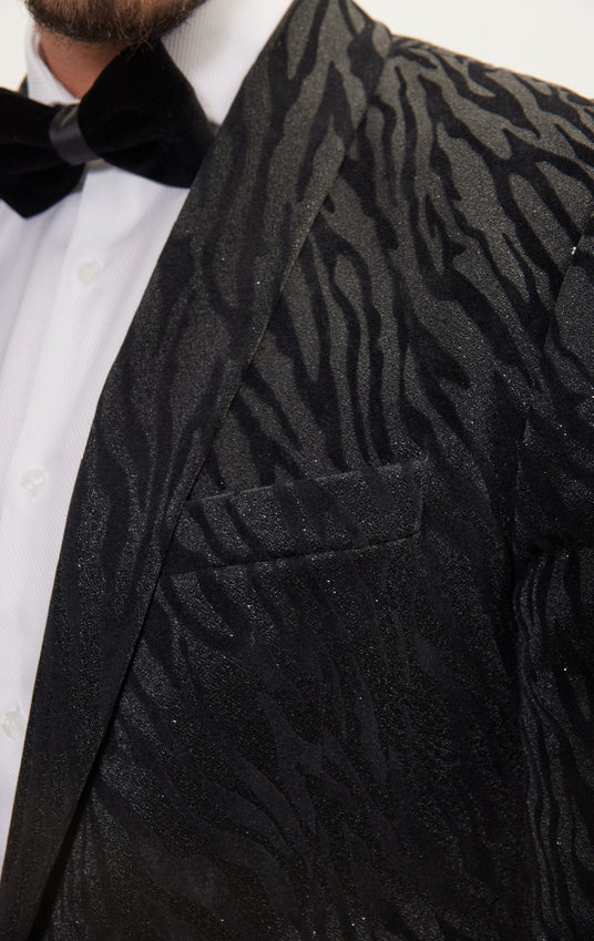 Zebra Velvet Flocking Glittered Tuxedo Jacket - Jet Black