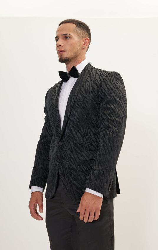 Zebra Velvet Flocking Glittered Tuxedo Jacket - Jet Black