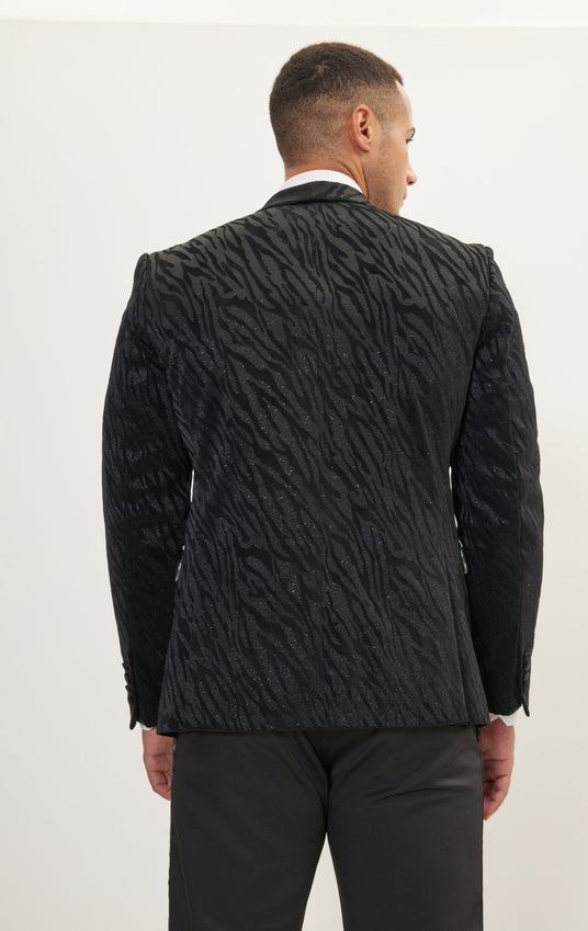 Zebra Velvet Flocking Glittered Tuxedo Jacket - Jet Black