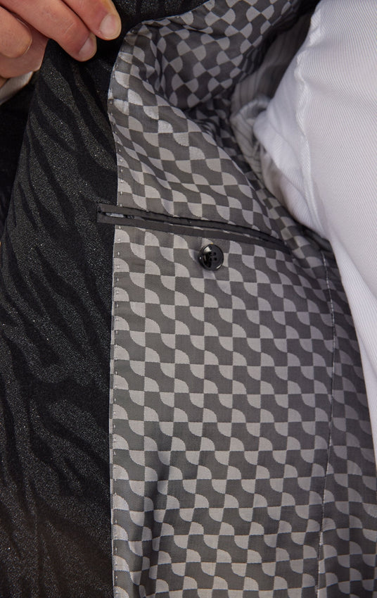 Zebra Velvet Flocking Glittered Tuxedo Jacket - Jet Black