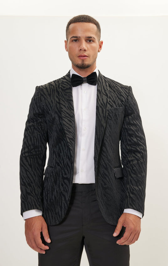 Zebra Velvet Flocking Glittered Tuxedo Jacket - Jet Black