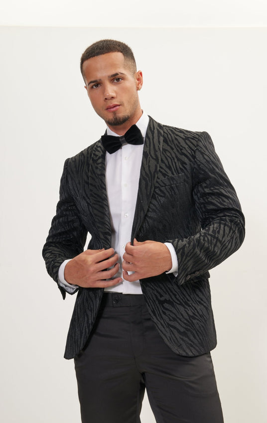 Zebra Velvet Flocking Glittered Tuxedo Jacket - Jet Black