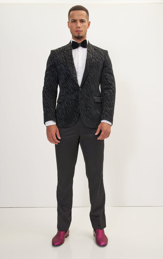 Zebra Velvet Flocking Glittered Tuxedo Jacket - Jet Black