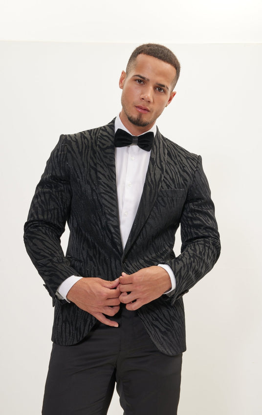 Zebra Velvet Flocking Glittered Tuxedo Jacket - Jet Black